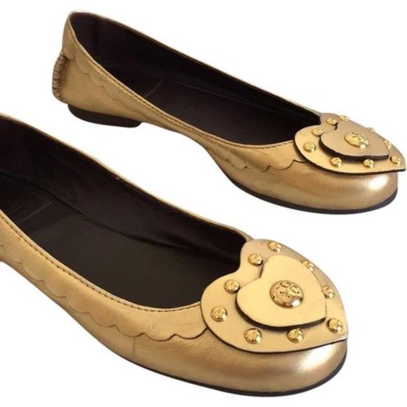 Tory Burch gold leather ballet flat shoes 9M heart / studs, TB logo, metallic - Picture 2 of 12